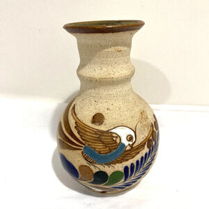 Tonala Mexican pottery bud vase stoneware bird feathers brown cobalt signed